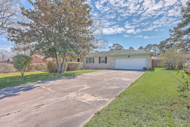 view of front of home featuring a garage, brick siding, concrete driveway, crawl space, and a front lawn