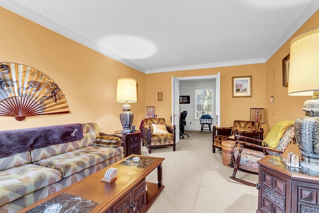 living room with light colored carpet and crown molding