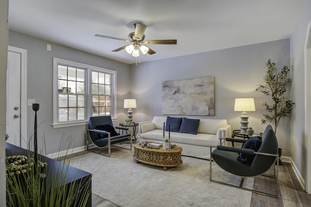 living room with ceiling fan and wood-type flooring