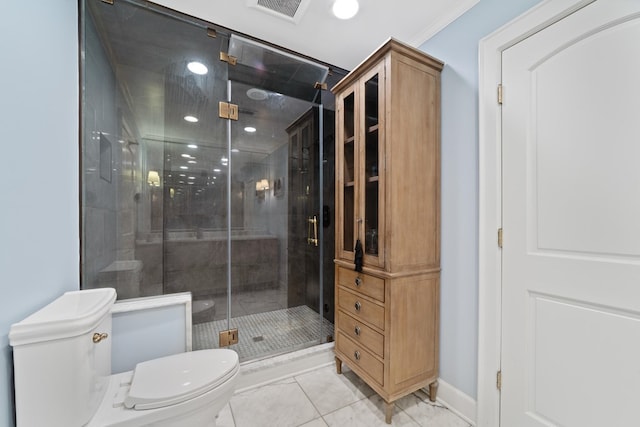 bathroom with tile patterned flooring, walk in shower, ornamental molding, and toilet