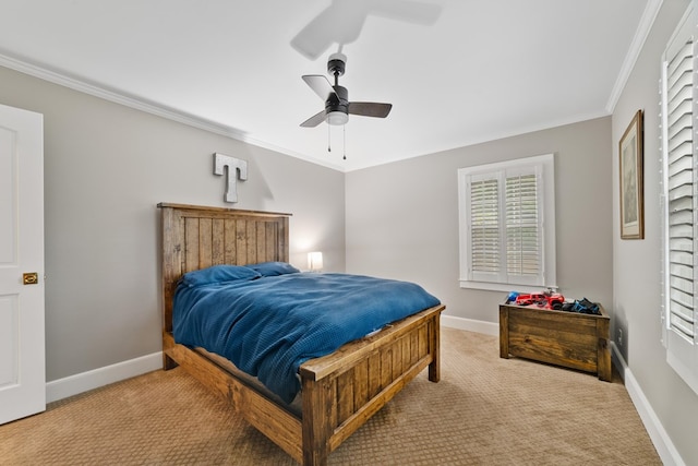 carpeted bedroom featuring ceiling fan, crown molding, and multiple windows