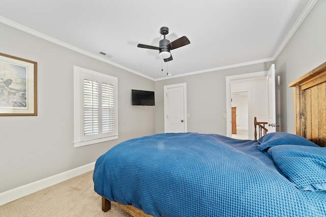 bedroom featuring ceiling fan, light carpet, and ornamental molding