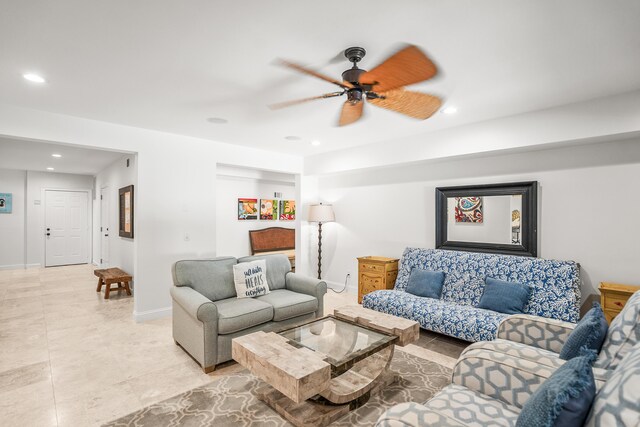 12 Port Tack, Hilton Head Island, SC 29928 - living room with recessed lighting, a ceiling fan, baseboards, and light tile patterned floors