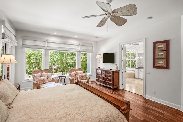 12 Port Tack, Hilton Head Island, SC 29928 - bedroom featuring baseboards, wood finished floors, recessed lighting, ensuite bathroom, and ceiling fan