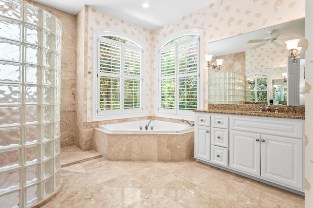 12 Port Tack, Hilton Head Island, SC 29928 - full bath featuring wallpapered walls, vanity, a bath, walk in shower, and a ceiling fan