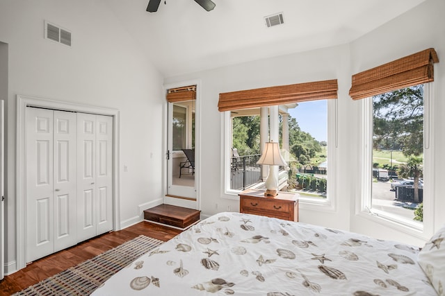 12 Port Tack, Hilton Head Island, SC 29928 - bedroom featuring wood finished floors, ceiling fan, a closet, high vaulted ceiling, and baseboards