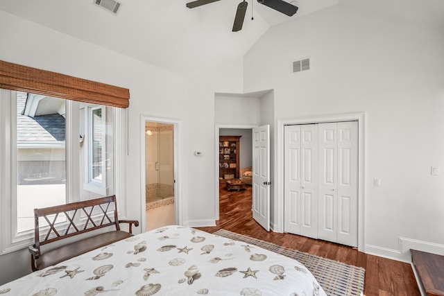 12 Port Tack, Hilton Head Island, SC 29928 - bedroom featuring wood finished floors, vaulted ceiling, baseboards, a closet, and a ceiling fan