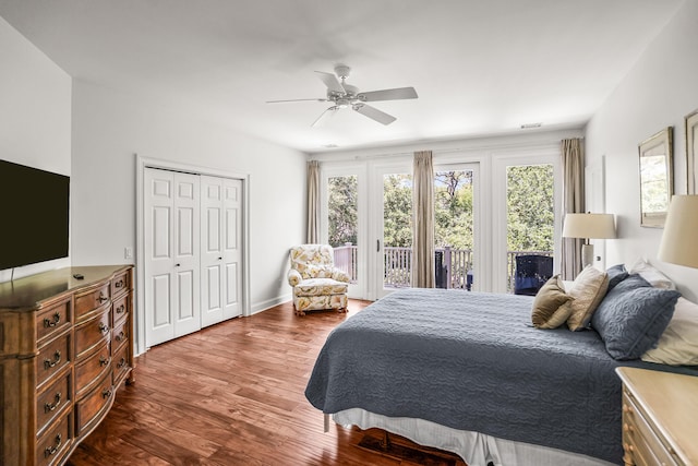 12 Port Tack, Hilton Head Island, SC 29928 - bedroom with access to outside, dark wood-style floors, a ceiling fan, and a closet