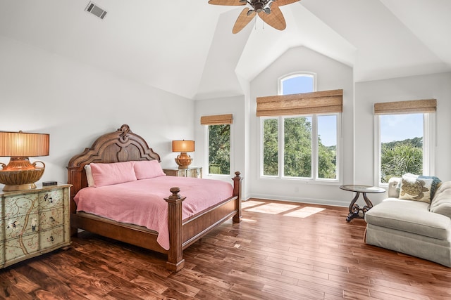 12 Port Tack, Hilton Head Island, SC 29928 - bedroom featuring wood finished floors, high vaulted ceiling, ceiling fan, and baseboards