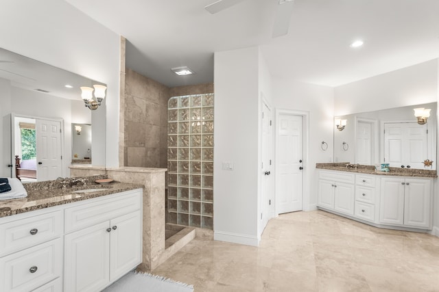 12 Port Tack, Hilton Head Island, SC 29928 - bathroom featuring a walk in shower, vanity, a ceiling fan, a chandelier, and recessed lighting