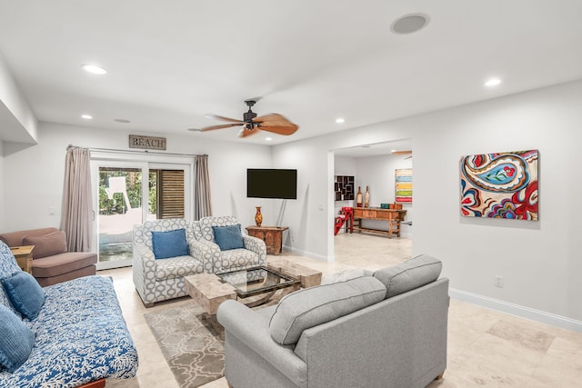 12 Port Tack, Hilton Head Island, SC 29928 - living room with recessed lighting, ceiling fan, baseboards, and light tile patterned floors
