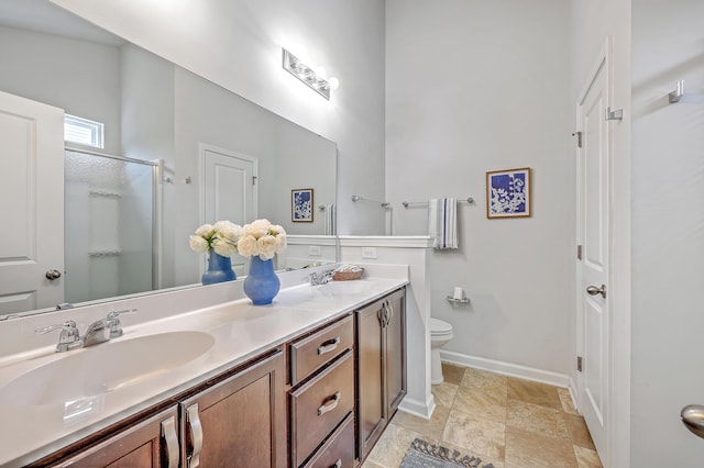 7690 High Maple Cir N, Charleston, SC 29418 - full bathroom featuring a stall shower, double vanity, baseboards, and toilet