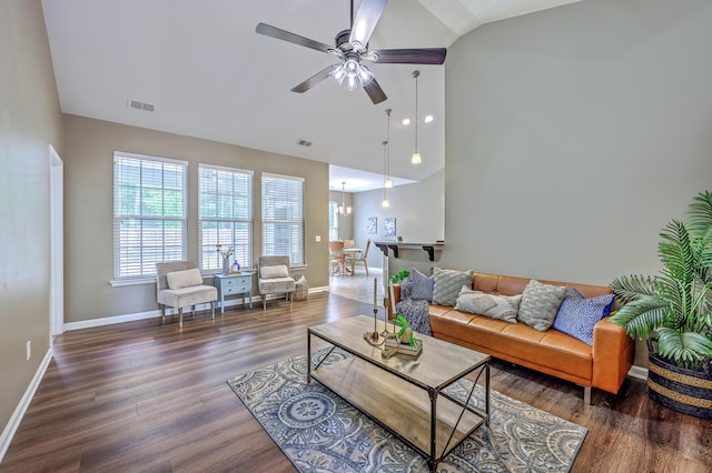 7690 High Maple Cir N, Charleston, SC 29418 - living room featuring a ceiling fan, baseboards, wood finished floors, and high vaulted ceiling