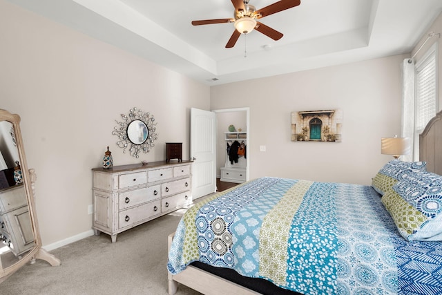 bedroom featuring light carpet, a walk in closet, ceiling fan, a tray ceiling, and a closet