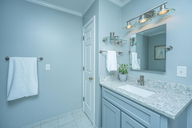 bathroom featuring vanity, crown molding, and tile patterned floors