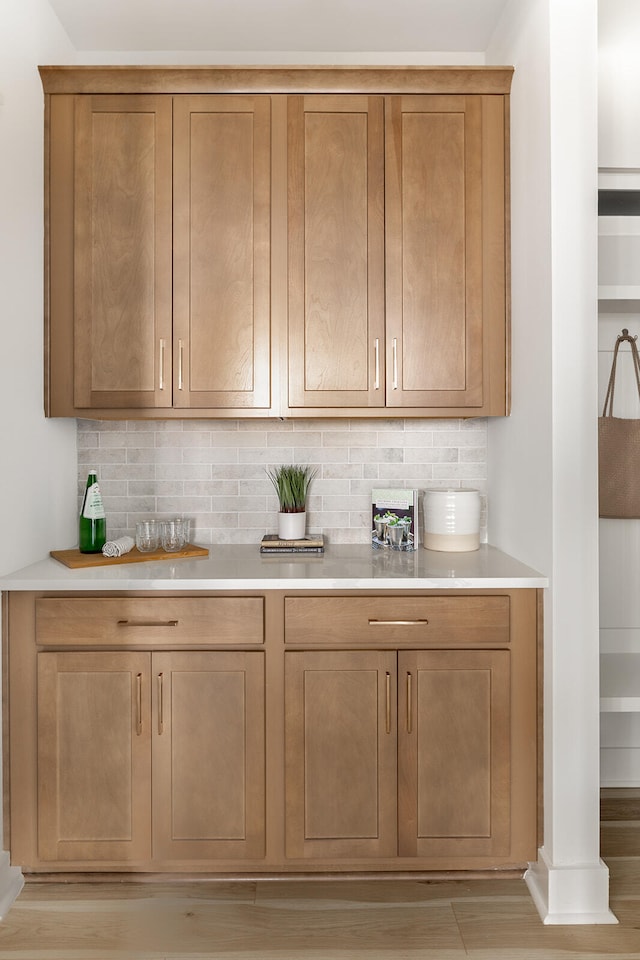 bar featuring light hardwood / wood-style flooring and tasteful backsplash