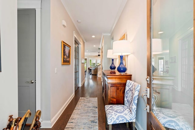 3726 Orion Ln, Mount Pleasant, SC 29466 - hallway with dark wood finished floors, baseboards, recessed lighting, and crown molding