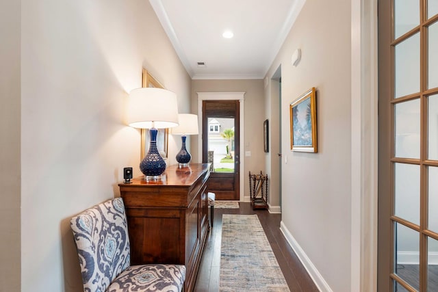 3726 Orion Ln, Mount Pleasant, SC 29466 - hallway with dark wood-style flooring, baseboards, and crown molding