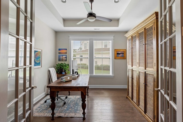 3726 Orion Ln, Mount Pleasant, SC 29466 - office space featuring french doors, a ceiling fan, baseboards, hardwood / wood-style flooring, and a tray ceiling