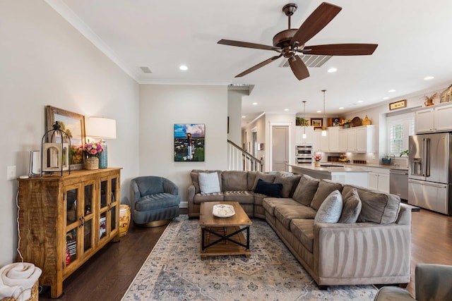 3726 Orion Ln, Mount Pleasant, SC 29466 - living room with a ceiling fan, dark wood-type flooring, crown molding, stairway, and recessed lighting