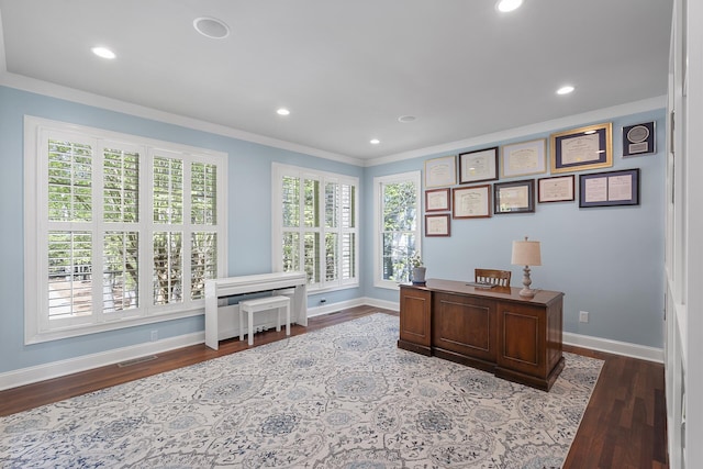 office space with visible vents, a wealth of natural light, baseboards, and dark wood-style floors