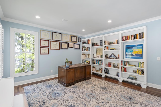 home office featuring recessed lighting, baseboards, and wood finished floors