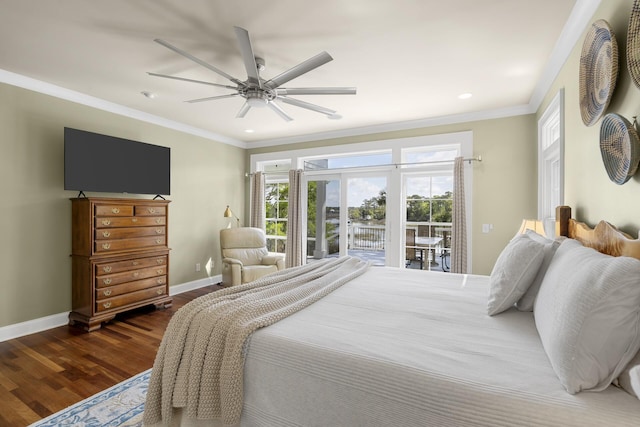 bedroom with access to outside, baseboards, ornamental molding, and dark wood-style floors