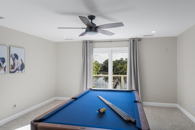 recreation room featuring visible vents, ceiling fan, pool table, and baseboards