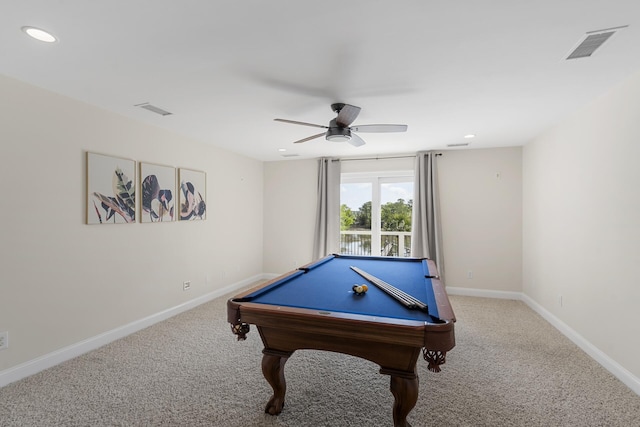 playroom with visible vents, carpet, and pool table