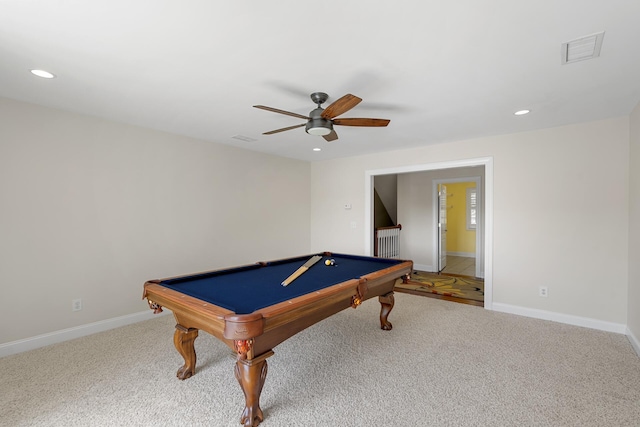 recreation room with carpet flooring, a ceiling fan, visible vents, and recessed lighting