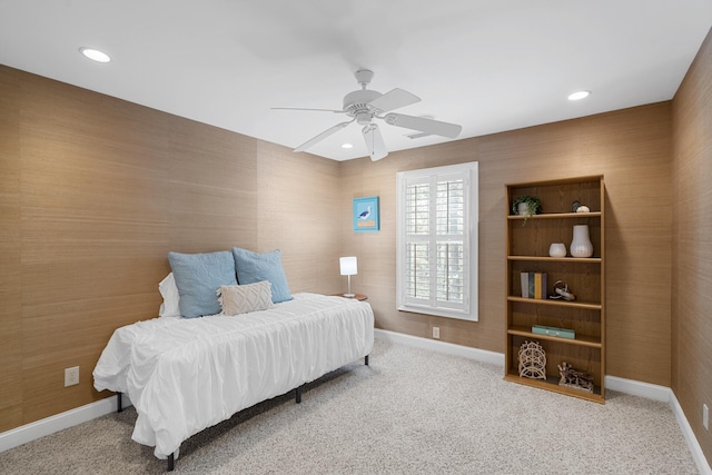 carpeted bedroom with recessed lighting, baseboards, and a ceiling fan