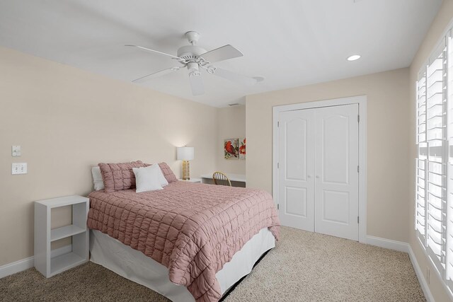 bedroom featuring recessed lighting, carpet, baseboards, and ceiling fan