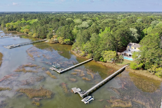 birds eye view of property featuring a water view and a forest view