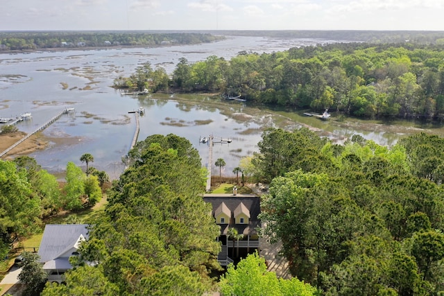 bird's eye view with a water view and a forest view