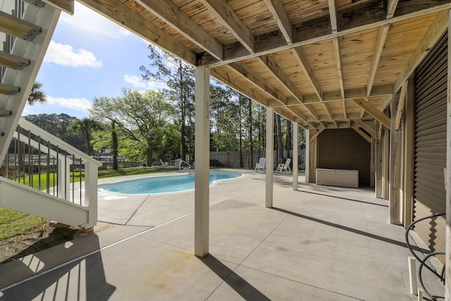 view of swimming pool featuring a patio, a fenced backyard, and a fenced in pool
