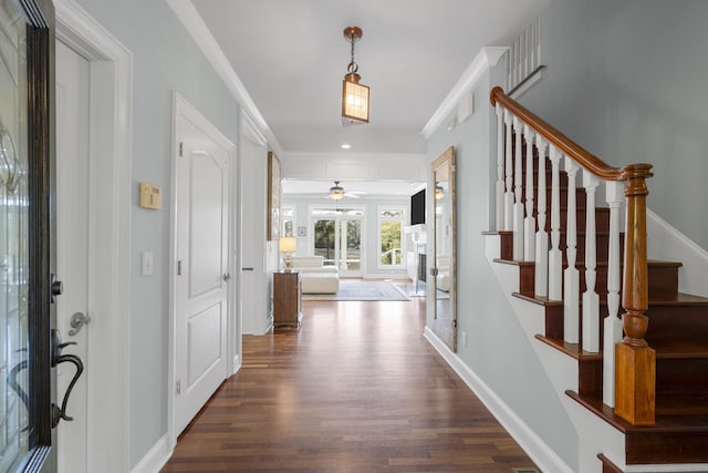 foyer with baseboards, recessed lighting, dark wood-style floors, a ceiling fan, and stairs
