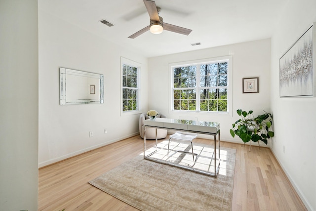 office space featuring ceiling fan and light hardwood / wood-style floors