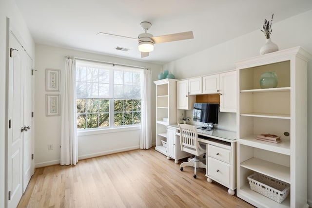 office area featuring light hardwood / wood-style flooring and ceiling fan