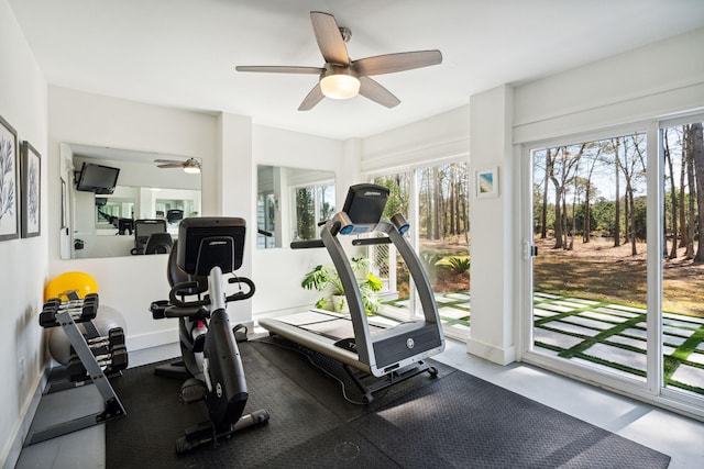 exercise room featuring ceiling fan