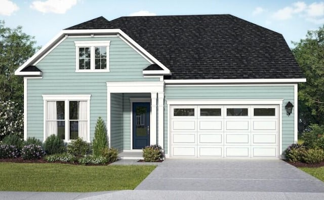 view of front of property featuring concrete driveway, a garage, and a shingled roof