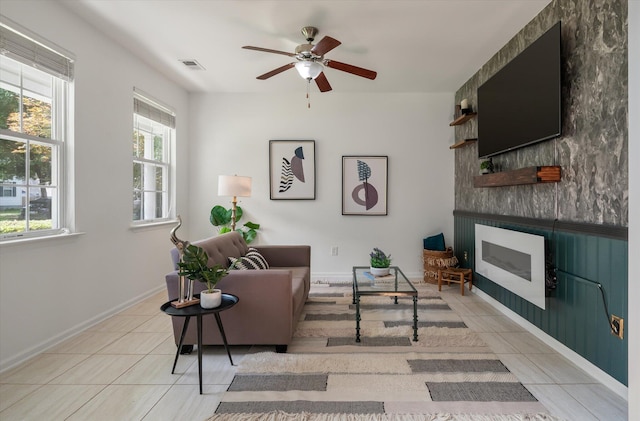 8328 Berringer Blf, North Charleston, SC 29418 - living area featuring a large fireplace, light tile patterned floors, and ceiling fan