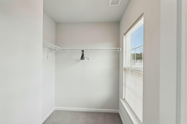 spacious closet featuring light carpet