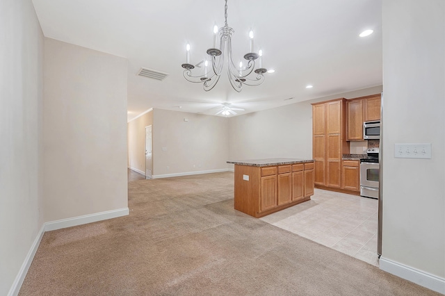 9646 Scarborough Ct, Summerville, SC 29485 - kitchen featuring stainless steel appliances, light carpet, a chandelier, recessed lighting, and a kitchen island