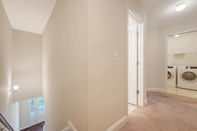 9646 Scarborough Ct, Summerville, SC 29485 - hall with washer and clothes dryer, carpet flooring, baseboards, and an upstairs landing