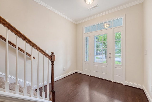 9646 Scarborough Ct, Summerville, SC 29485 - entrance foyer with ornamental molding, dark wood-type flooring, stairs, and baseboards