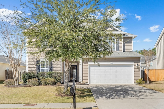 obstructed view of property featuring a garage, driveway, a front lawn, and fence