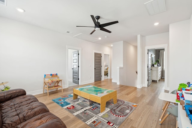 643 Blueway Ave, Summerville, SC 29486 - living area with visible vents, attic access, recessed lighting, light wood-style flooring, and a ceiling fan