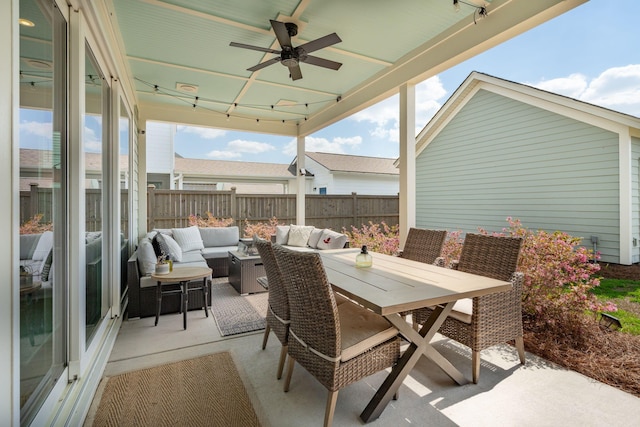 643 Blueway Ave, Summerville, SC 29486 - view of patio / terrace with a ceiling fan, outdoor dining space, fence, and an outdoor hangout area