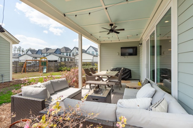 643 Blueway Ave, Summerville, SC 29486 - view of patio / terrace featuring a ceiling fan, fence, a residential view, outdoor dining area, and an outdoor hangout area