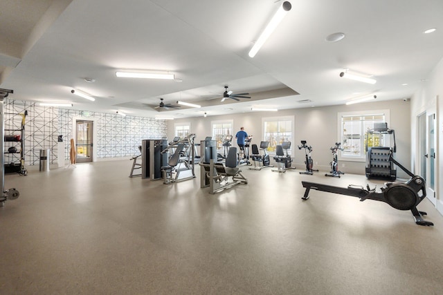643 Blueway Ave, Summerville, SC 29486 - exercise room featuring wallpapered walls, a raised ceiling, baseboards, and ceiling fan